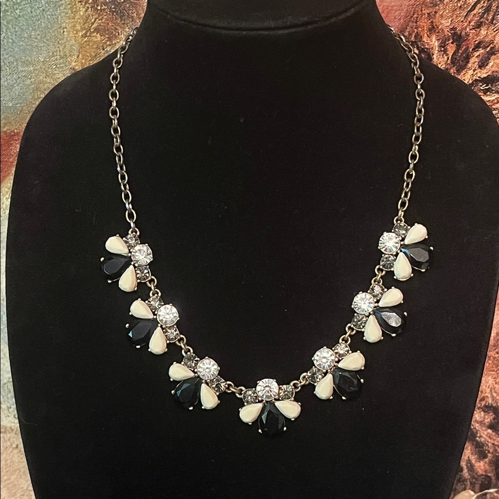 J. Crew Choker Necklace Statement Rhinestones Black Cream & Clear Glass